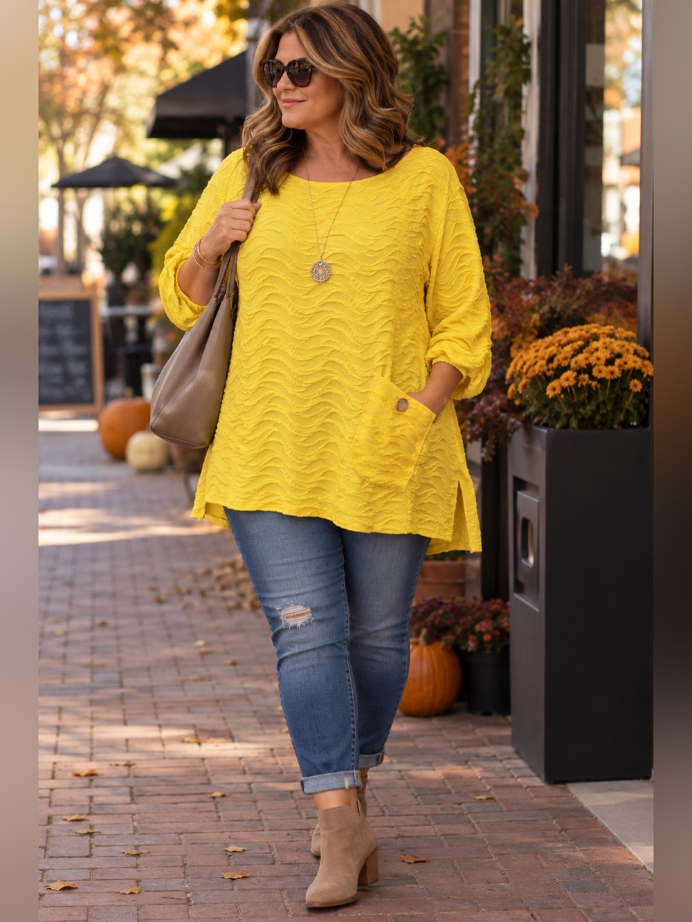 NWT Ali Miles Plus Yellow Textured Knit Ruched Sleeve Tunic Top With Pocket 2X